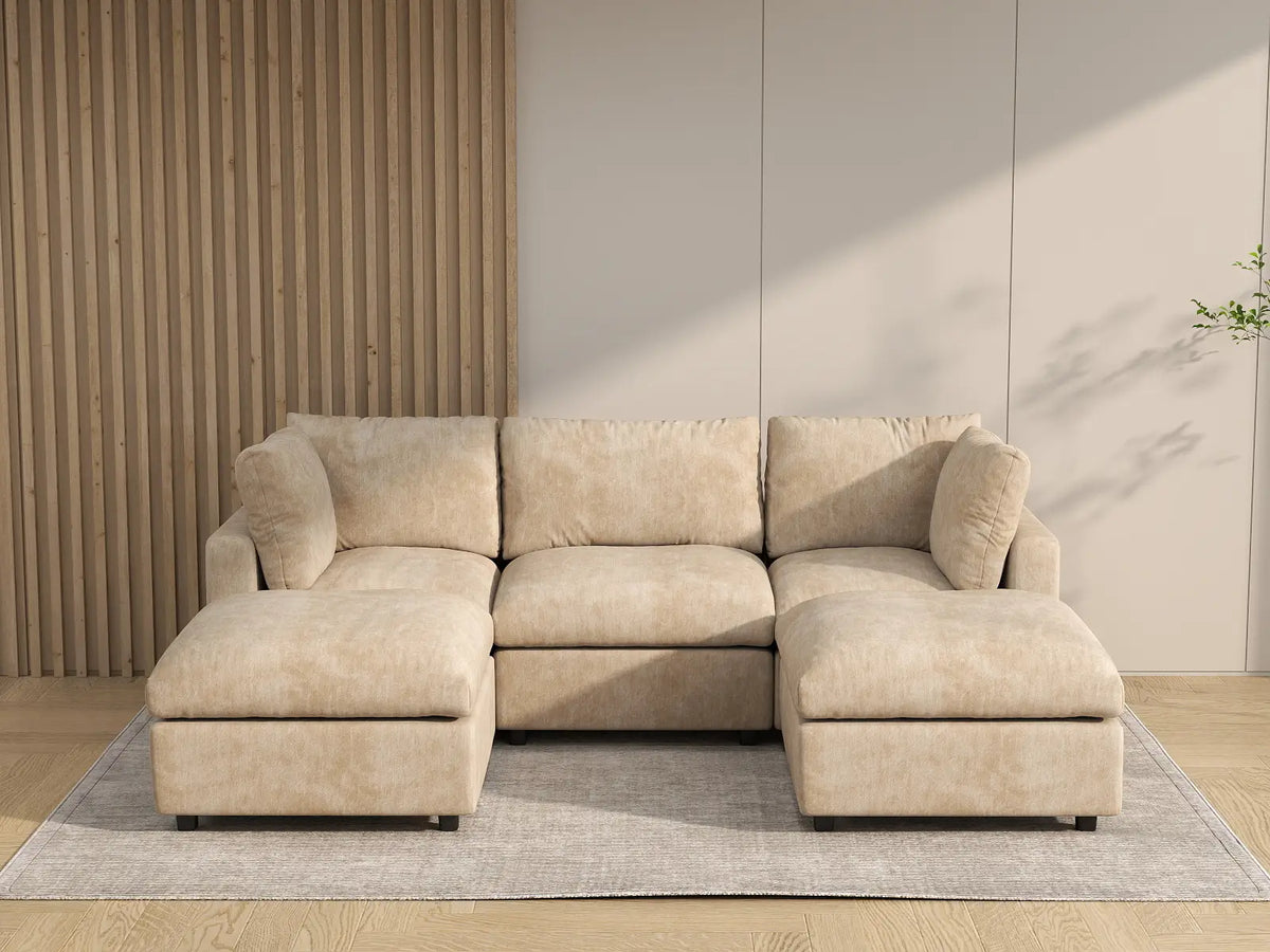 Deluxe Cloud 3-Seater Khaki Large Space U-Shaped Sectional | 5-Piece (Includes 2 Ottomans), Linen-Blend Chenille Fabric, Easy To Clean