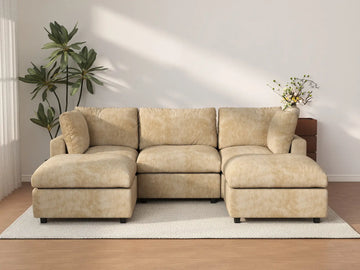 Deluxe Cloud 3-Seater Khaki Large Space U-Shaped Sectional | 5-Piece (Includes 2 Ottomans), Linen-Blend Chenille Fabric, Easy To Clean