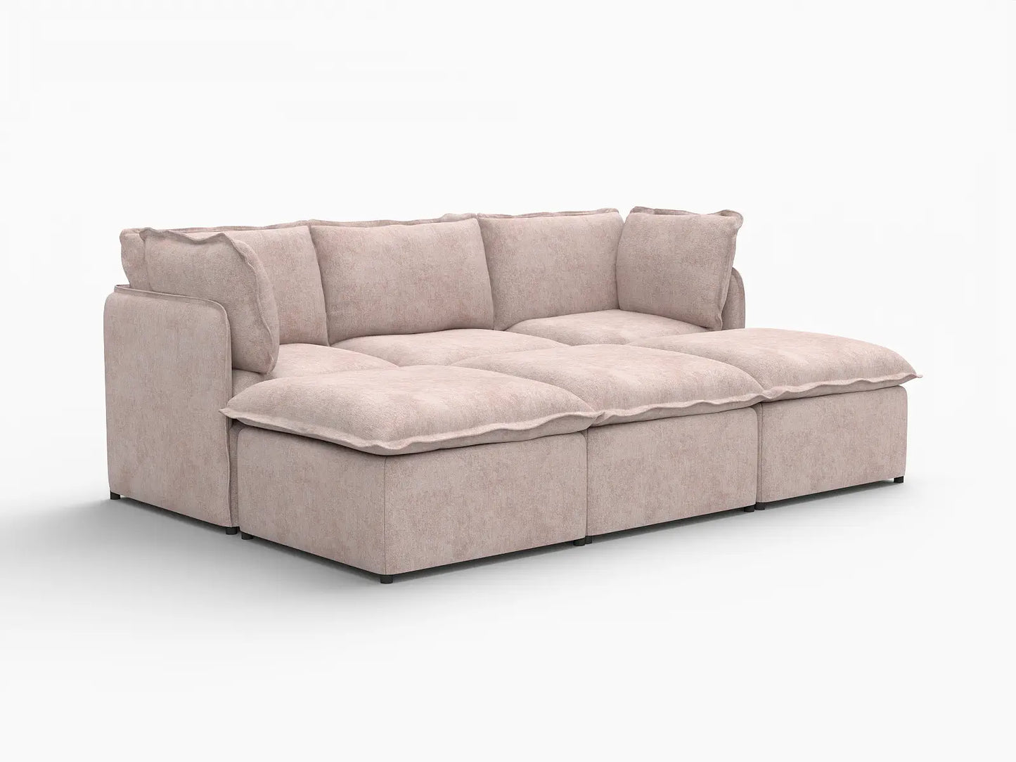 Deluxe Cloud 3-Seater Khaki Pit Sectional | 6-Piece (Includes 3 Ottomans), Linen Look Poly Fabric, Washable Cushion Covers