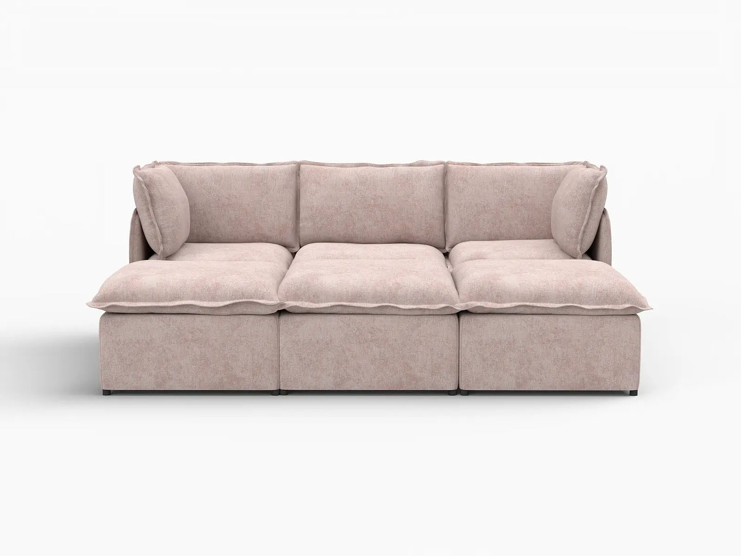 Deluxe Cloud 3-Seater Khaki Pit Sectional | 6-Piece (Includes 3 Ottomans), Linen Look Poly Fabric, Washable Cushion Covers