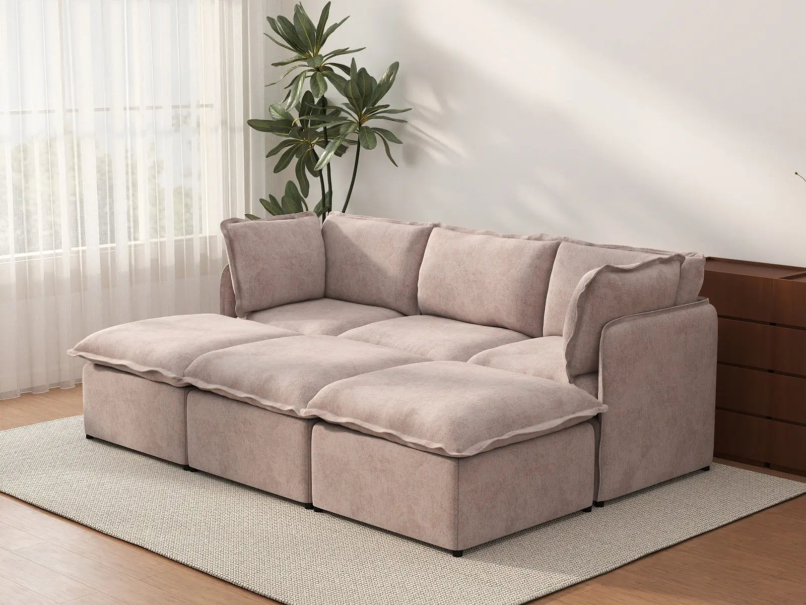Deluxe Cloud 3-Seater Khaki Pit Sectional | 6-Piece (Includes 3 Ottomans), Linen Look Poly Fabric, Washable Cushion Covers