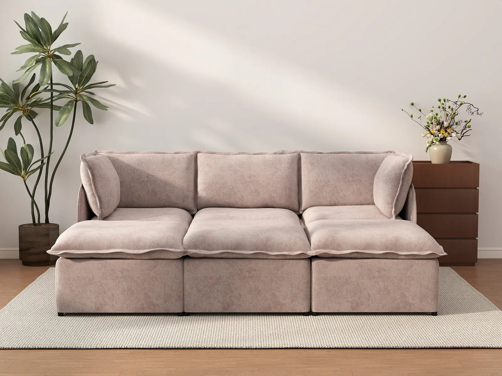 Deluxe Cloud 3-Seater Khaki Pit Sectional | 6-Piece (Includes 3 Ottomans), Linen Look Poly Fabric, Washable Cushion Covers