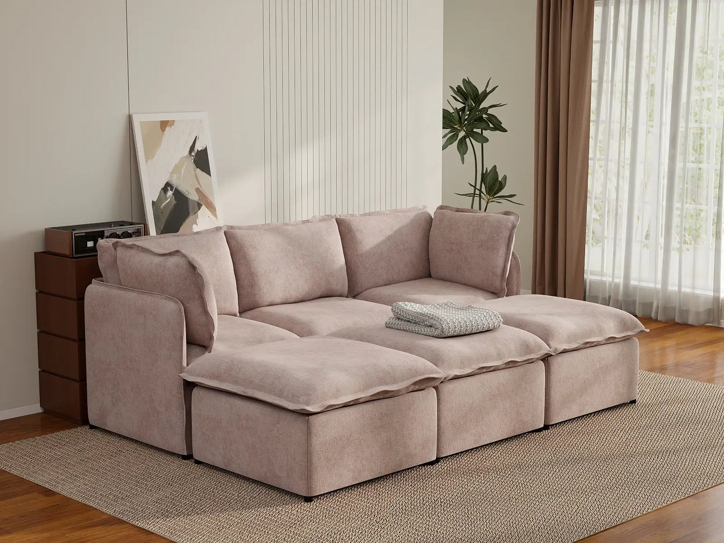 Deluxe Cloud 3-Seater Khaki Pit Sectional | 6-Piece (Includes 3 Ottomans), Linen Look Poly Fabric, Washable Cushion Covers