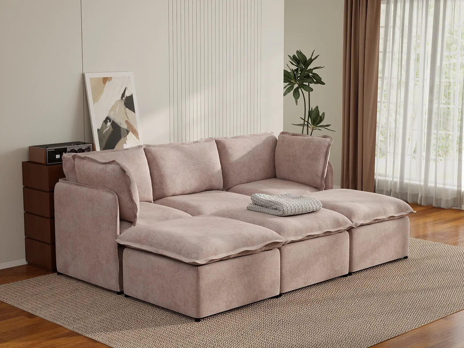 Deluxe Cloud 3-Seater Khaki Pit Sectional | 6-Piece (Includes 3 Ottomans), Linen Look Poly Fabric, Washable Cushion Covers