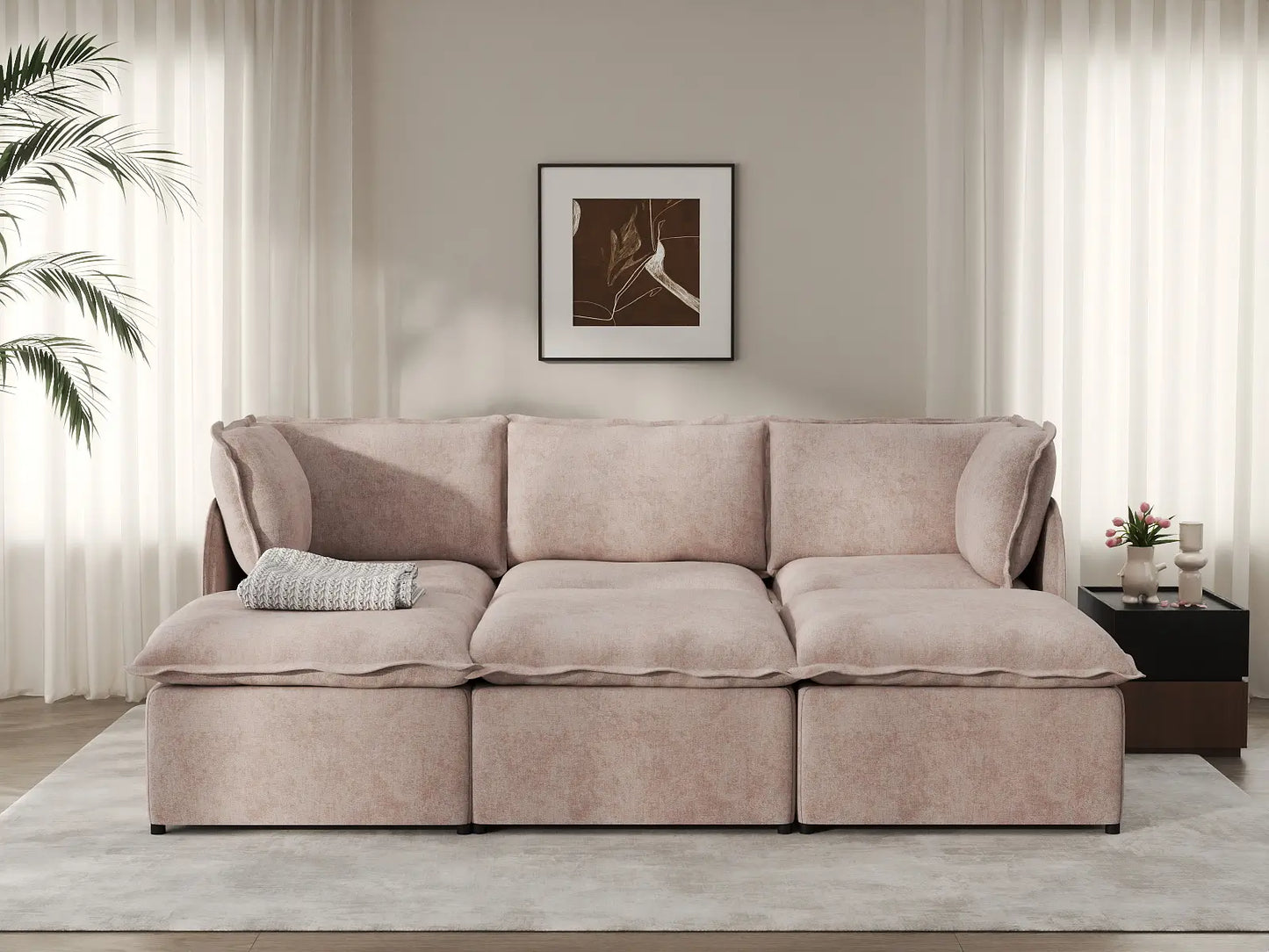 Deluxe Cloud 3-Seater Khaki Pit Sectional | 6-Piece (Includes 3 Ottomans), Linen Look Poly Fabric, Washable Cushion Covers