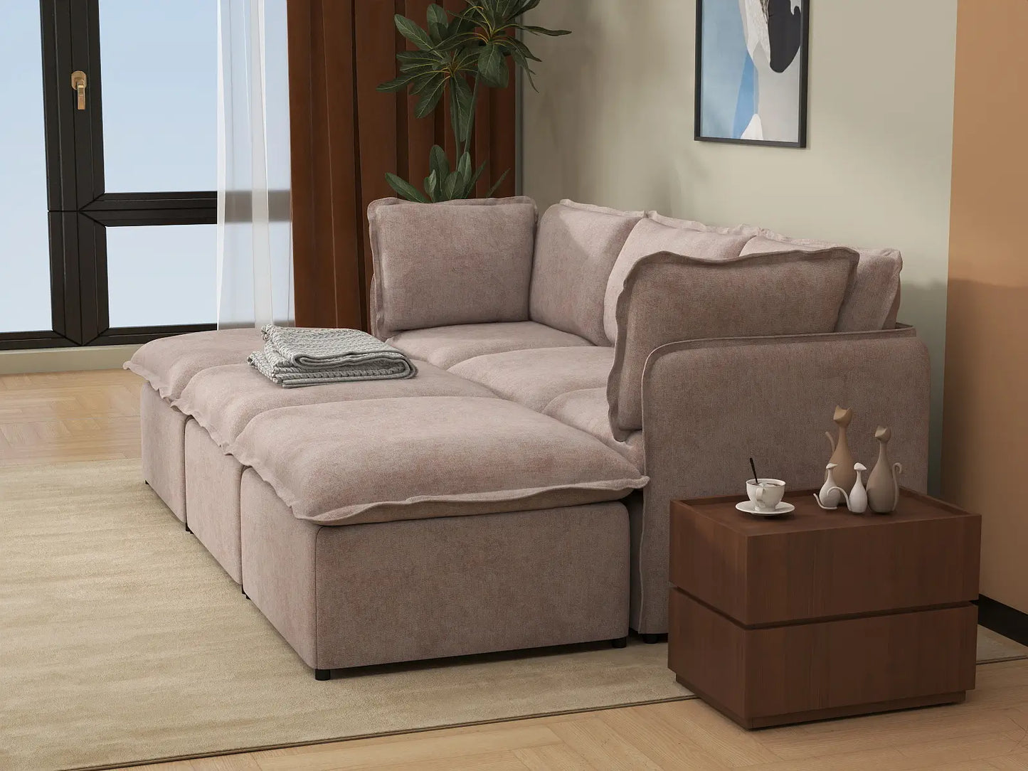 Deluxe Cloud 3-Seater Khaki Pit Sectional | 6-Piece (Includes 3 Ottomans), Linen Look Poly Fabric, Washable Cushion Covers