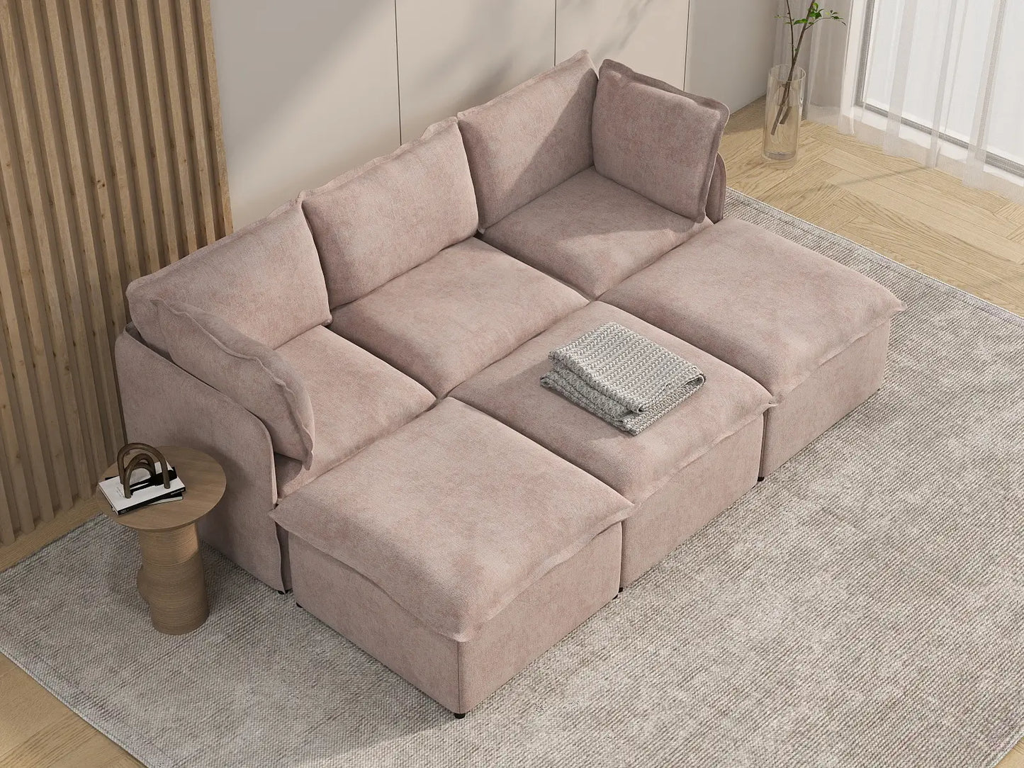 Deluxe Cloud 3-Seater Khaki Pit Sectional | 6-Piece (Includes 3 Ottomans), Linen Look Poly Fabric, Washable Cushion Covers