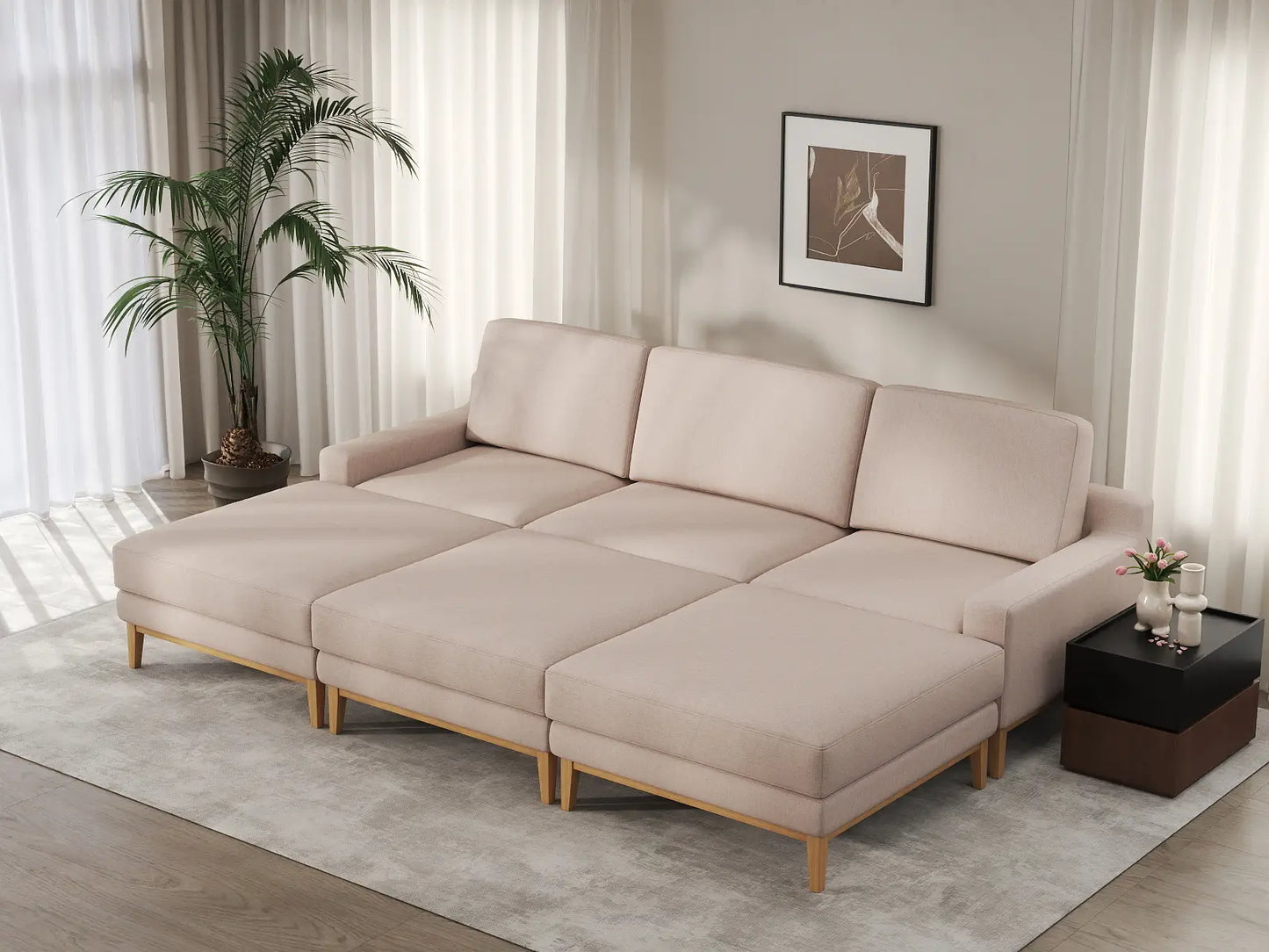 Deluxe Cloud 3-Seater Khaki Pit Sectional | 6-Piece (Includes 3 Ottomans), Linen Look Poly Fabric, Washable Cushion Covers