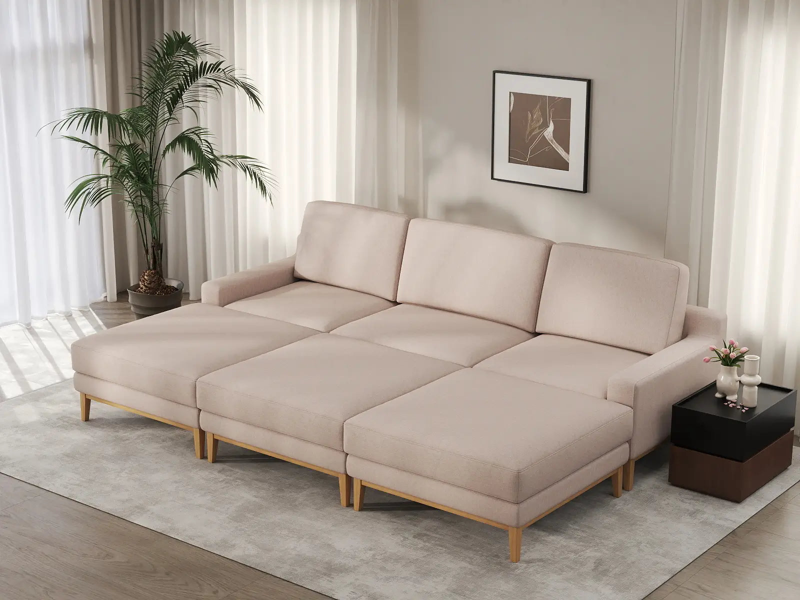 Deluxe Cloud 3-Seater Khaki Pit Sectional | 6-Piece (Includes 3 Ottomans), Linen Look Poly Fabric, Washable Cushion Covers
