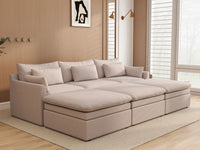 Deluxe Cloud 3-Seater Khaki Pit Sectional | 6-Piece (Includes 3 Ottomans), Linen Look Poly Fabric, Washable Cushion Covers
