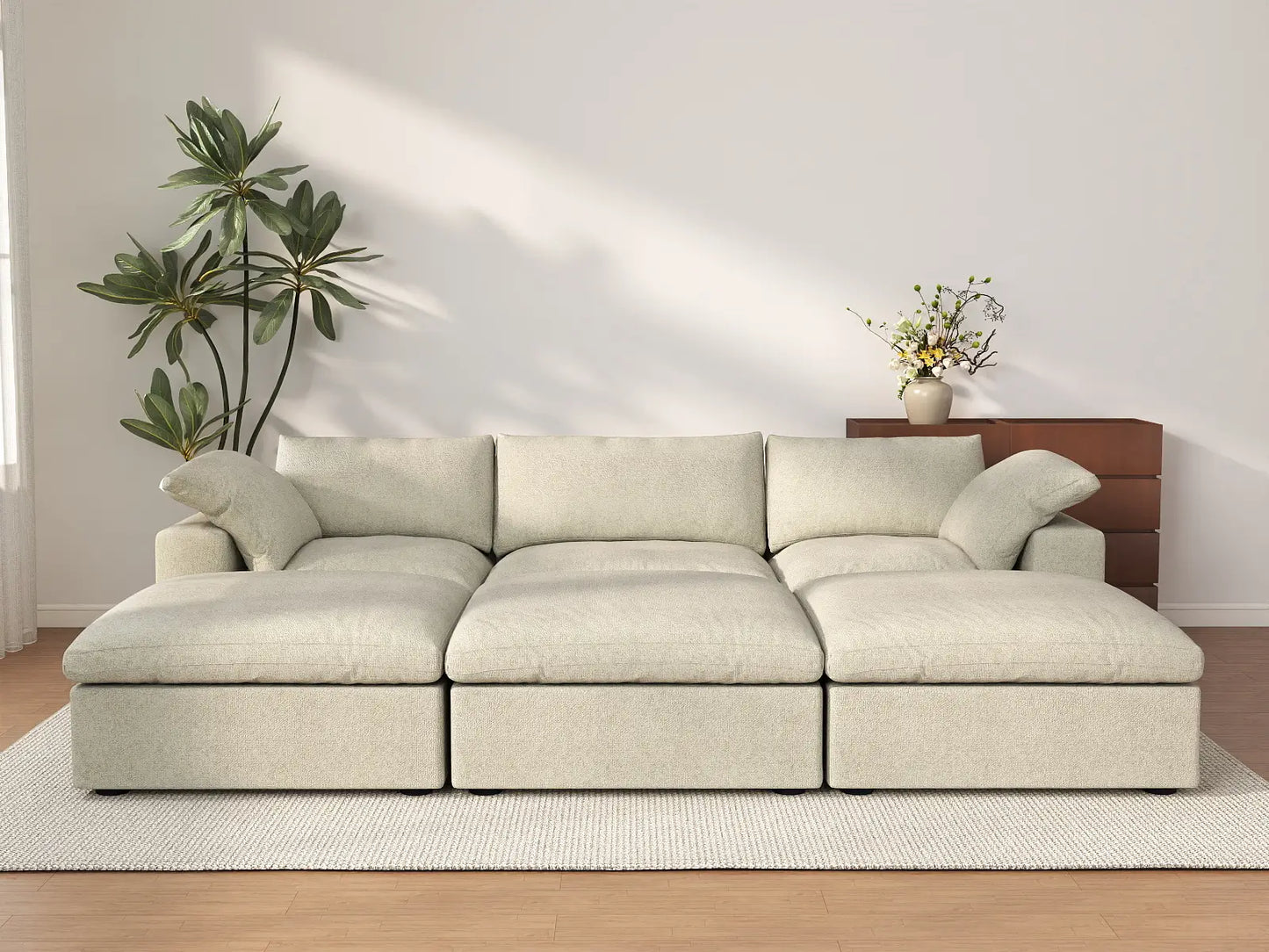 Deluxe Cloud 3-Seater Khaki Pit Sectional | 6-Piece (Includes 3 Ottomans), Cotton And Linen Fabric, Family Room Seating, Washable Cushion Covers