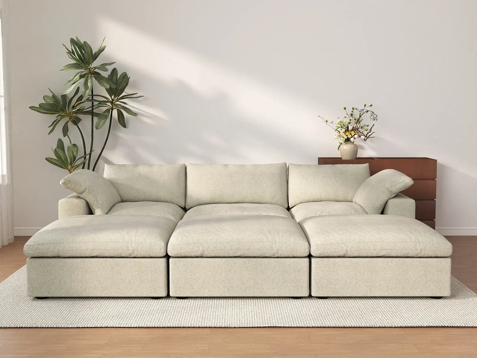 Deluxe Cloud 3-Seater Khaki Pit Sectional | 6-Piece (Includes 3 Ottomans), Cotton And Linen Fabric, Family Room Seating, Washable Cushion Covers
