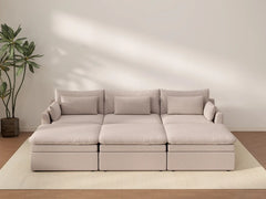 Deluxe Cloud 3-Seater Khaki Pit Sectional | 6-Piece (Includes 3 Ottomans), Linen Look Poly Fabric, Washable Cushion Covers