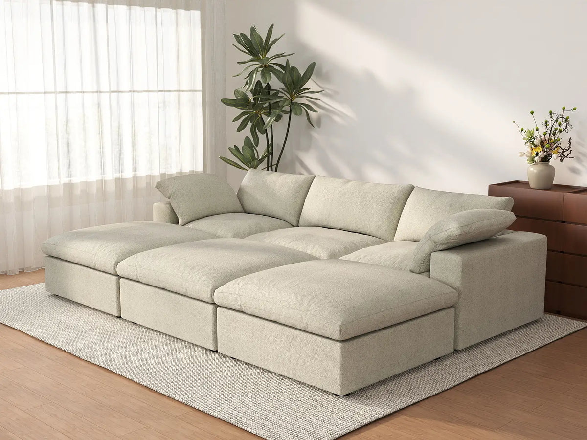 Deluxe Cloud 3-Seater Khaki Pit Sectional | 6-Piece (Includes 3 Ottomans), Cotton And Linen Fabric, Family Room Seating, Washable Cushion Covers