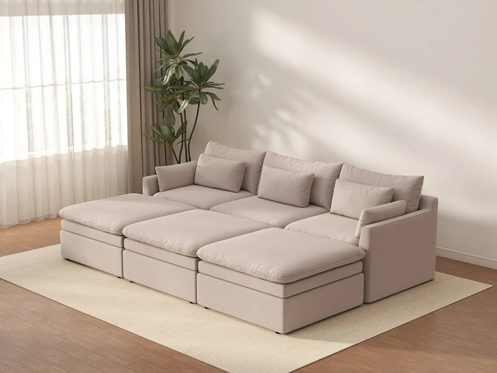 Deluxe Cloud 3-Seater Khaki Pit Sectional | 6-Piece (Includes 3 Ottomans), Linen Look Poly Fabric, Washable Cushion Covers