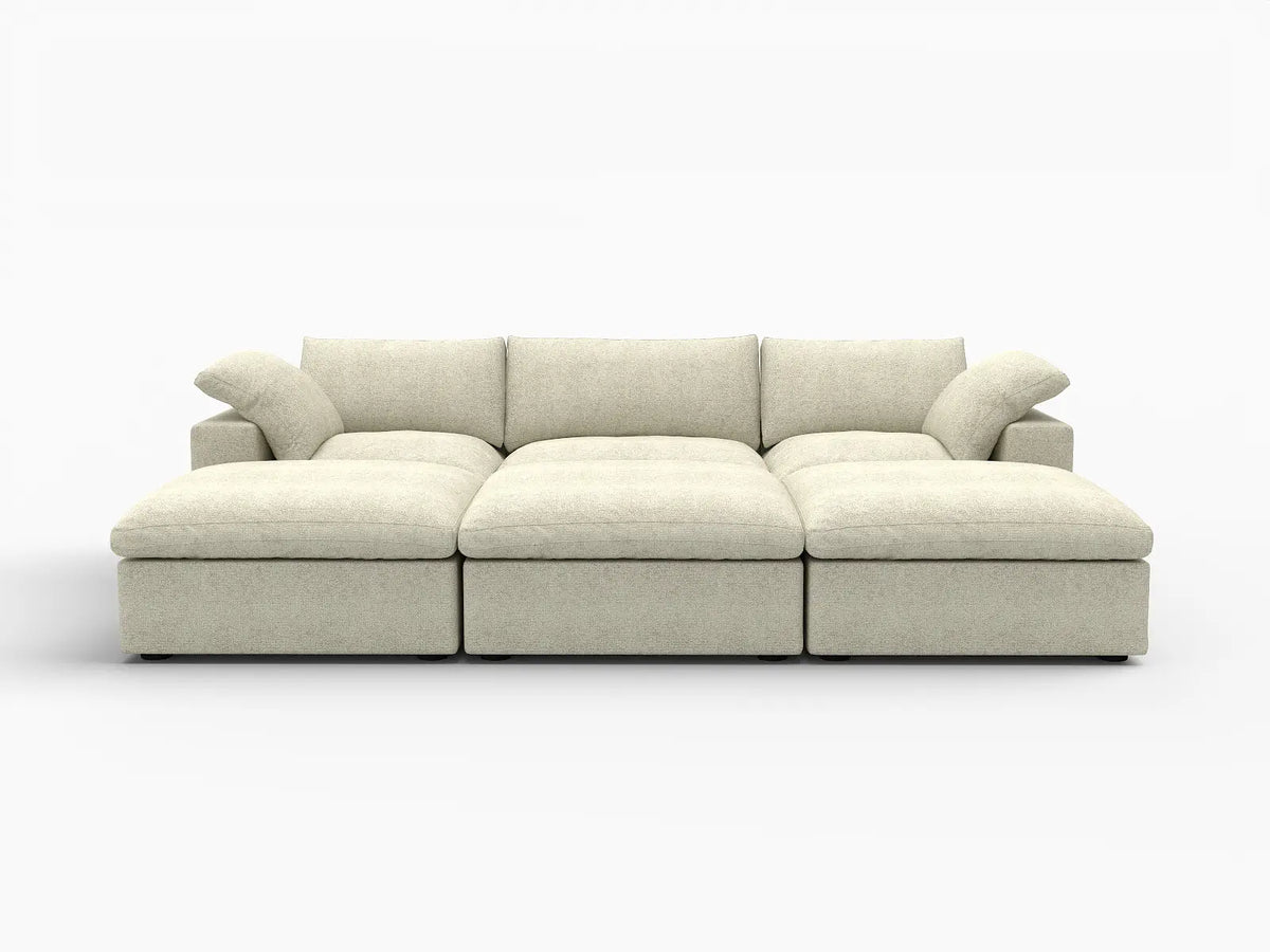Deluxe Cloud 3-Seater Khaki Pit Sectional | 6-Piece (Includes 3 Ottomans), Cotton And Linen Fabric, Family Room Seating, Washable Cushion Covers