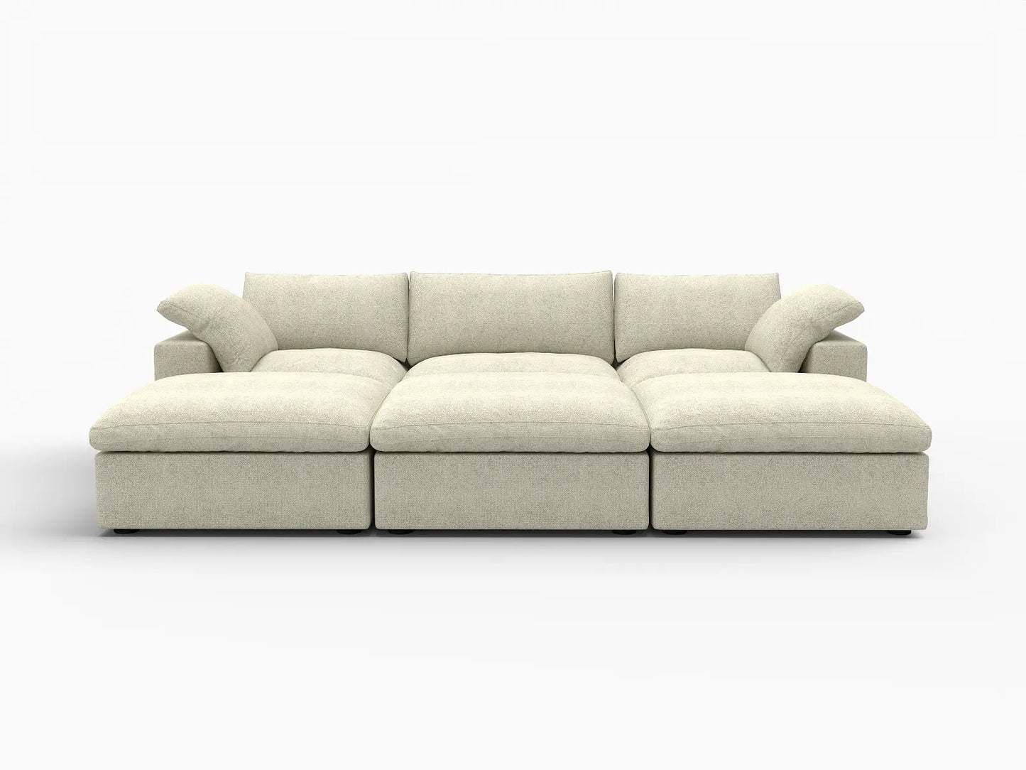Deluxe Cloud 3-Seater Khaki Pit Sectional | 6-Piece (Includes 3 Ottomans), Cotton And Linen Fabric, Family Room Seating, Washable Cushion Covers