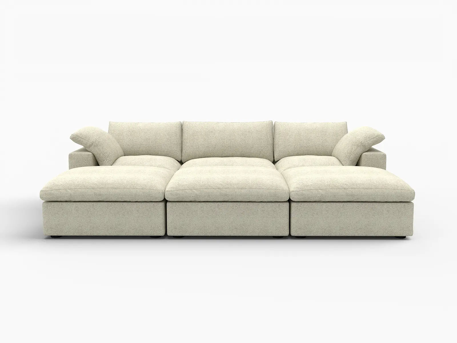 Deluxe Cloud 3-Seater Khaki Pit Sectional | 6-Piece (Includes 3 Ottomans), Cotton And Linen Fabric, Family Room Seating, Washable Cushion Covers