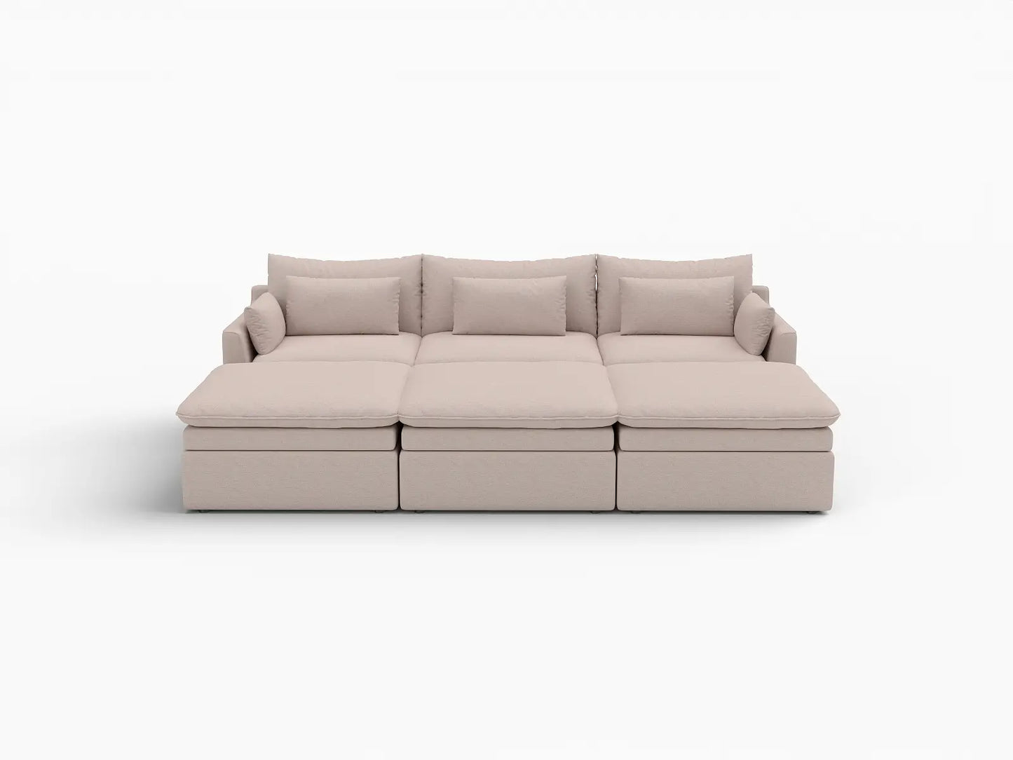 Deluxe Cloud 3-Seater Khaki Pit Sectional | 6-Piece (Includes 3 Ottomans), Linen Look Poly Fabric, Washable Cushion Covers