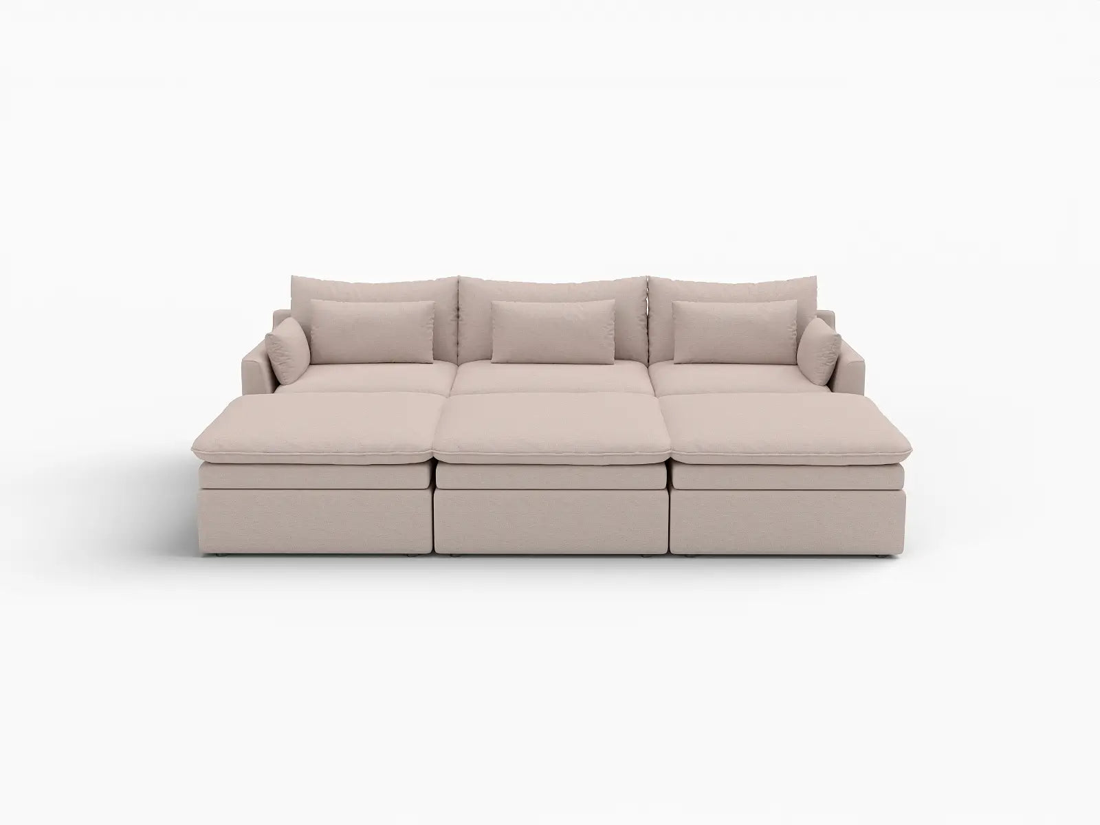 Deluxe Cloud 3-Seater Khaki Pit Sectional | 6-Piece (Includes 3 Ottomans), Linen Look Poly Fabric, Washable Cushion Covers