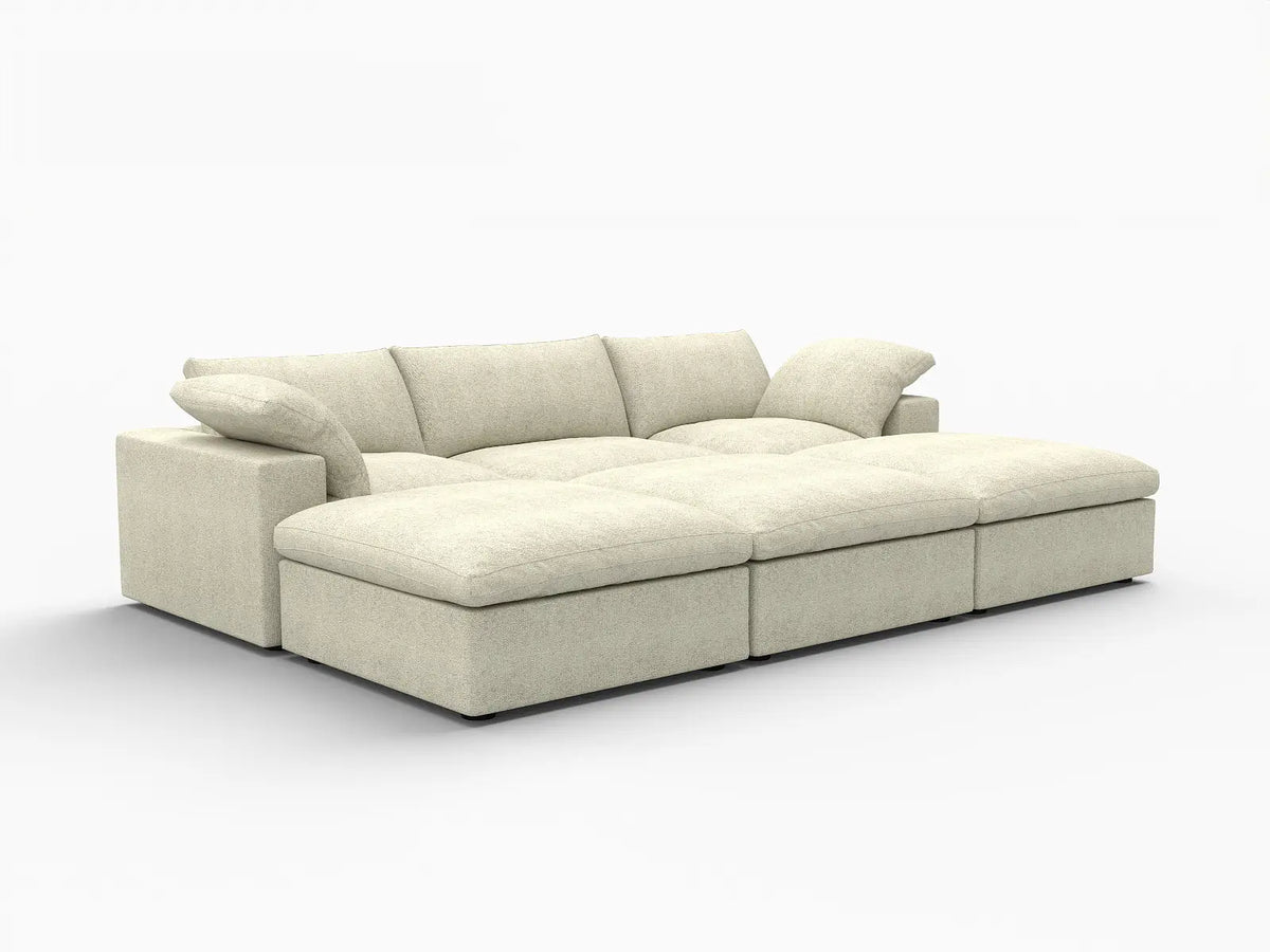 Deluxe Cloud 3-Seater Khaki Pit Sectional | 6-Piece (Includes 3 Ottomans), Cotton And Linen Fabric, Family Room Seating, Washable Cushion Covers