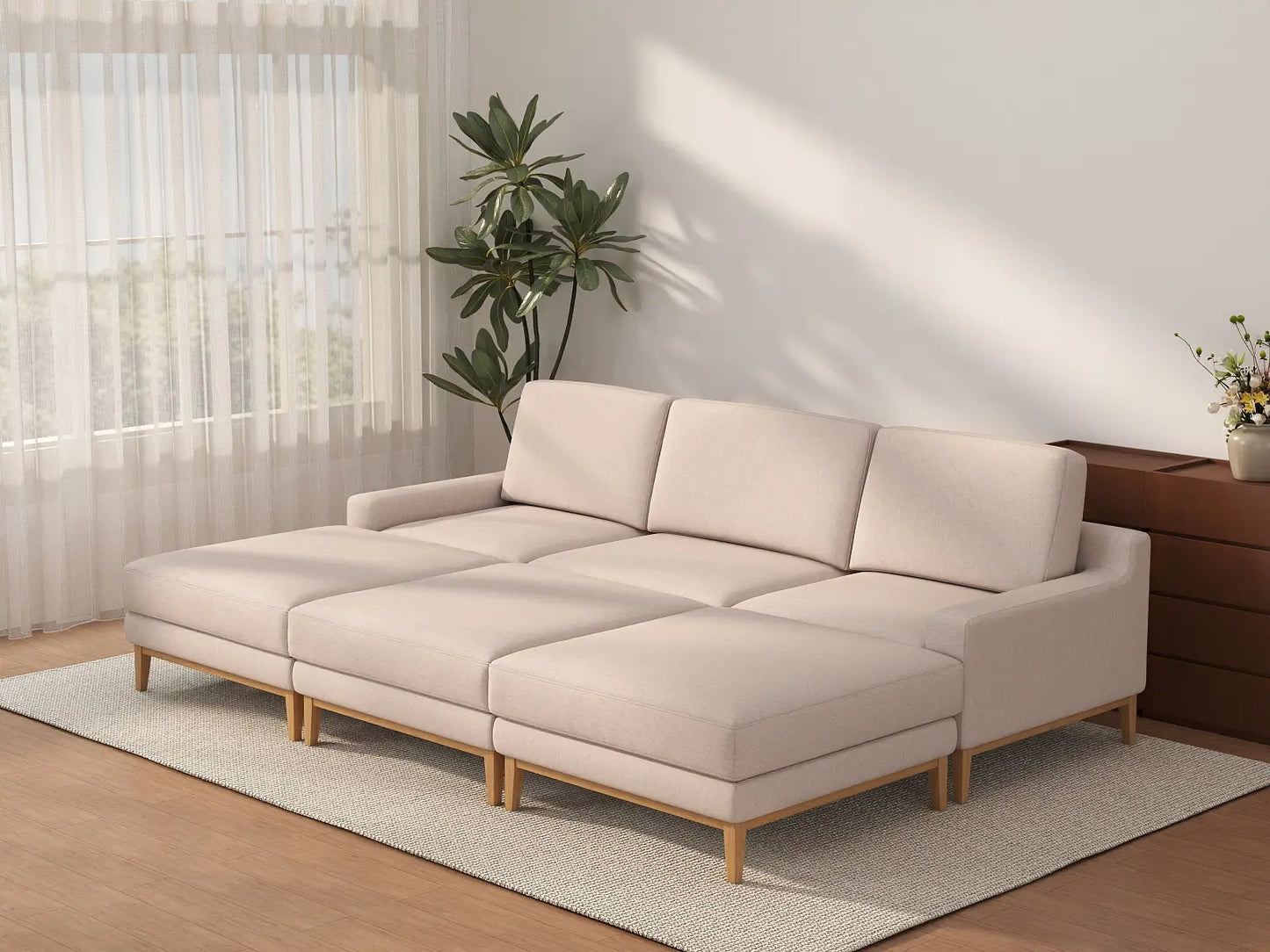 Deluxe Cloud 3-Seater Khaki Pit Sectional | 6-Piece (Includes 3 Ottomans), Linen Look Poly Fabric, Washable Cushion Covers