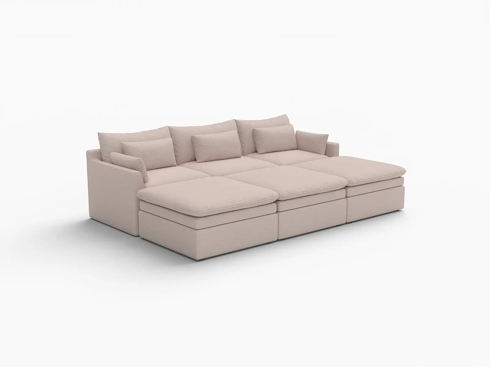 Deluxe Cloud 3-Seater Khaki Pit Sectional | 6-Piece (Includes 3 Ottomans), Linen Look Poly Fabric, Washable Cushion Covers