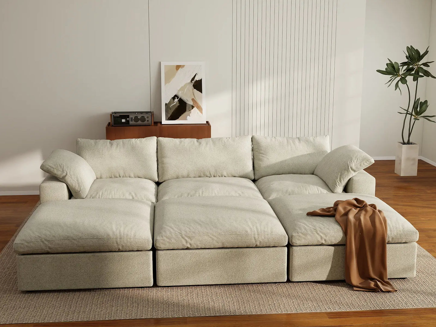 Deluxe Cloud 3-Seater Khaki Pit Sectional | 6-Piece (Includes 3 Ottomans), Cotton And Linen Fabric, Family Room Seating, Washable Cushion Covers