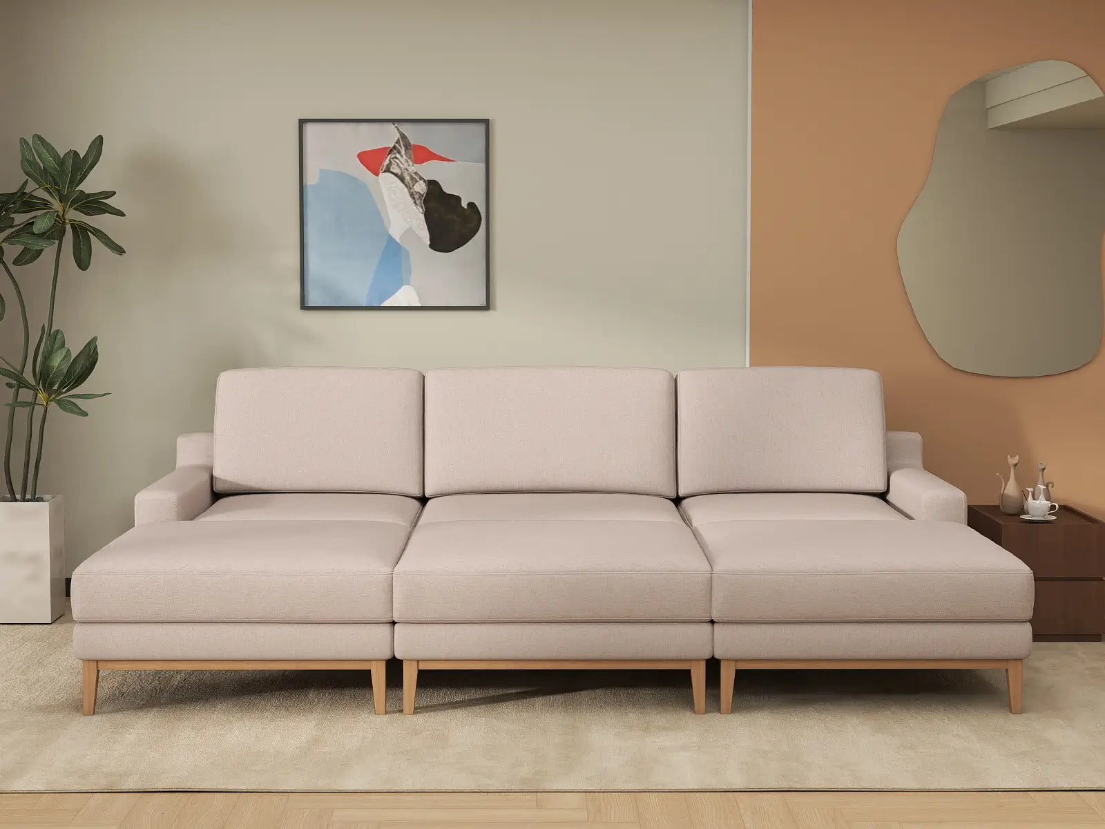 Deluxe Cloud 3-Seater Khaki Pit Sectional | 6-Piece (Includes 3 Ottomans), Linen Look Poly Fabric, Washable Cushion Covers