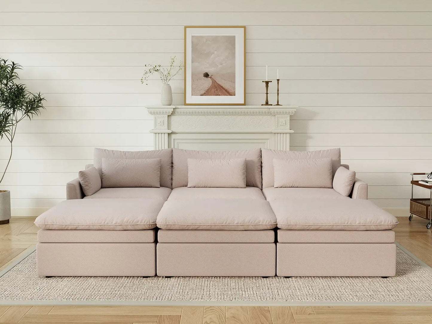 Deluxe Cloud 3-Seater Khaki Pit Sectional | 6-Piece (Includes 3 Ottomans), Linen Look Poly Fabric, Washable Cushion Covers