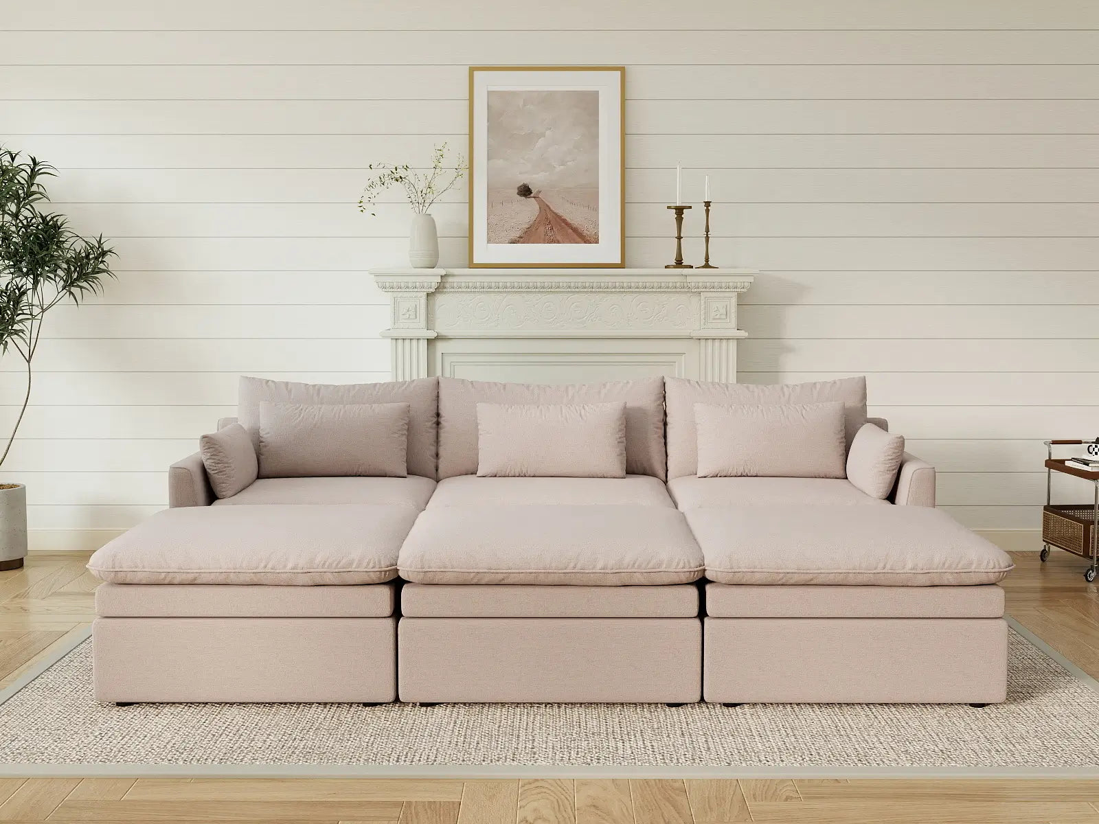 Deluxe Cloud 3-Seater Khaki Pit Sectional | 6-Piece (Includes 3 Ottomans), Linen Look Poly Fabric, Washable Cushion Covers