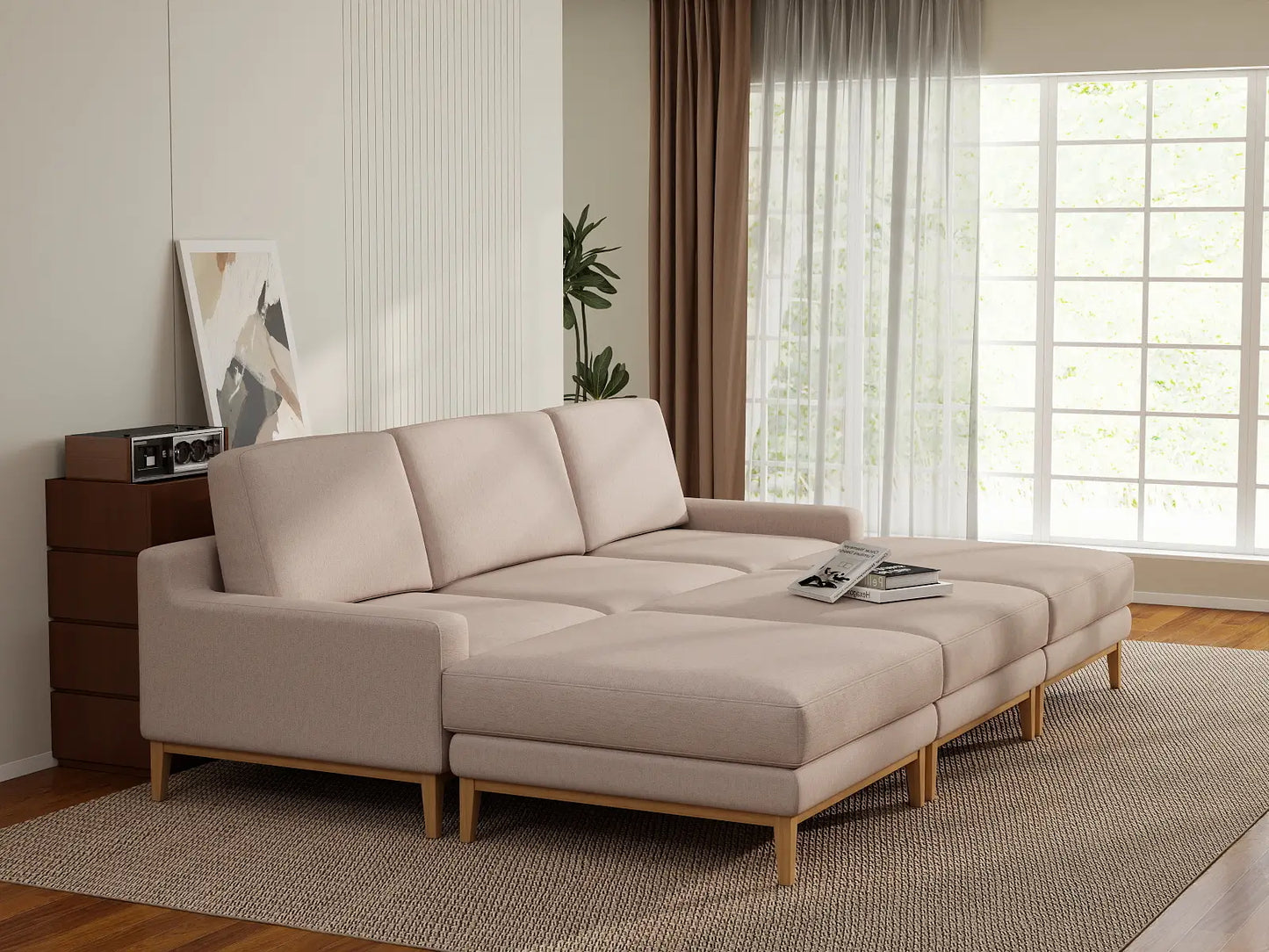 Deluxe Cloud 3-Seater Khaki Pit Sectional | 6-Piece (Includes 3 Ottomans), Linen Look Poly Fabric, Washable Cushion Covers