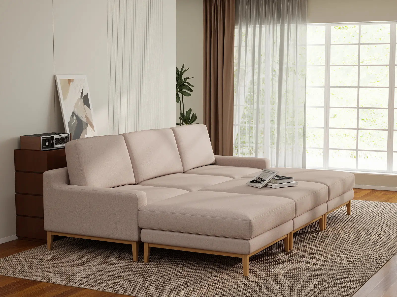 Deluxe Cloud 3-Seater Khaki Pit Sectional | 6-Piece (Includes 3 Ottomans), Linen Look Poly Fabric, Washable Cushion Covers