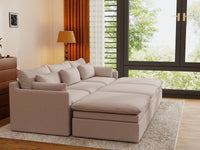 Deluxe Cloud 3-Seater Khaki Pit Sectional | 6-Piece (Includes 3 Ottomans), Linen Look Poly Fabric, Washable Cushion Covers