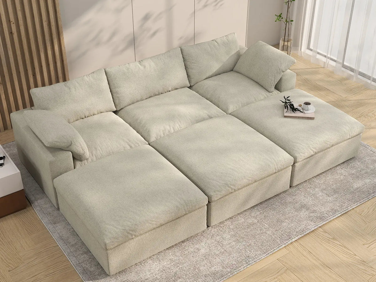 Deluxe Cloud 3-Seater Khaki Pit Sectional | 6-Piece (Includes 3 Ottomans), Cotton And Linen Fabric, Family Room Seating, Washable Cushion Covers
