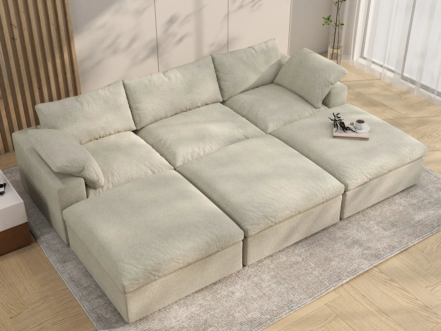 Deluxe Cloud 3-Seater Khaki Pit Sectional | 6-Piece (Includes 3 Ottomans), Cotton And Linen Fabric, Family Room Seating, Washable Cushion Covers