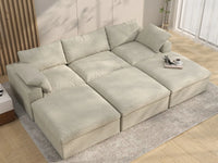 Deluxe Cloud 3-Seater Khaki Pit Sectional | 6-Piece (Includes 3 Ottomans), Cotton And Linen Fabric, Family Room Seating, Washable Cushion Covers