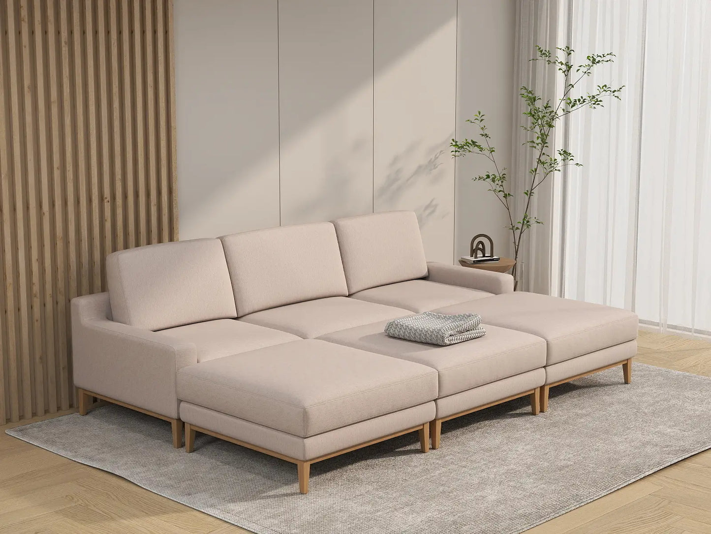 Deluxe Cloud 3-Seater Khaki Pit Sectional | 6-Piece (Includes 3 Ottomans), Linen Look Poly Fabric, Washable Cushion Covers