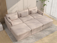 Deluxe Cloud 3-Seater Khaki Pit Sectional | 6-Piece (Includes 3 Ottomans), Linen Look Poly Fabric, Washable Cushion Covers