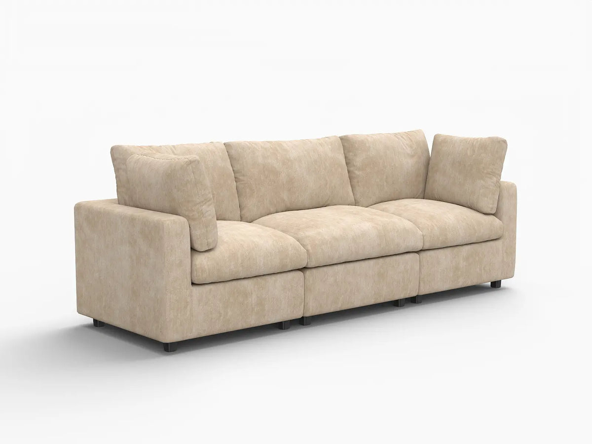 Deluxe Cloud 3-Seater Khaki Small Space Couch Sectional | 3-Piece, Linen-Blend Chenille Fabric, Easy To Clean