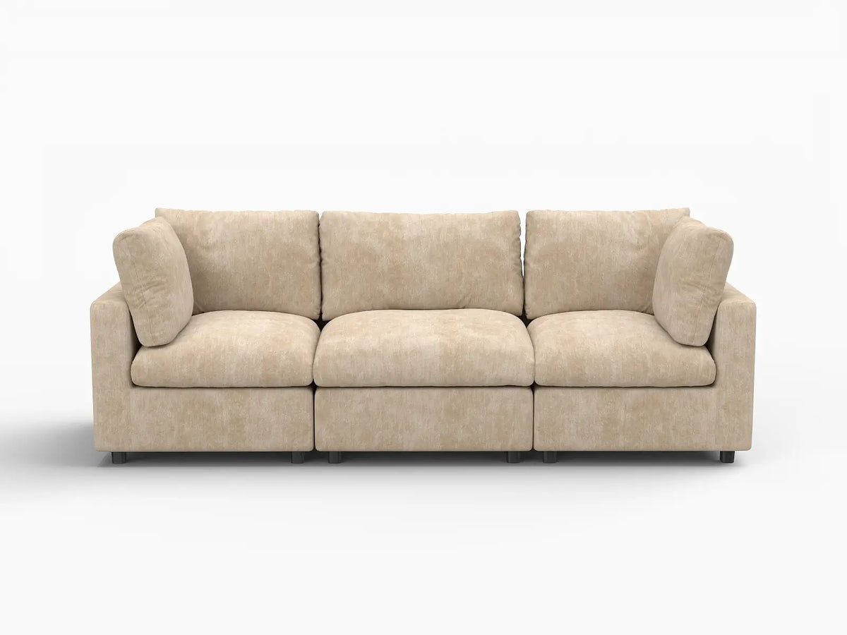 Deluxe Cloud 3-Seater Khaki Small Space Couch Sectional | 3-Piece, Linen-Blend Chenille Fabric, Easy To Clean