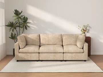 Deluxe Cloud 3-Seater Khaki Small Space Couch Sectional | 3-Piece, Linen-Blend Chenille Fabric, Easy To Clean
