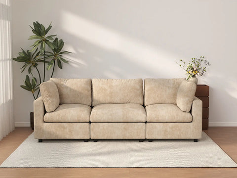 Deluxe Cloud 3-Seater Khaki Small Space Couch Sectional | 3-Piece, Linen-Blend Chenille Fabric, Easy To Clean