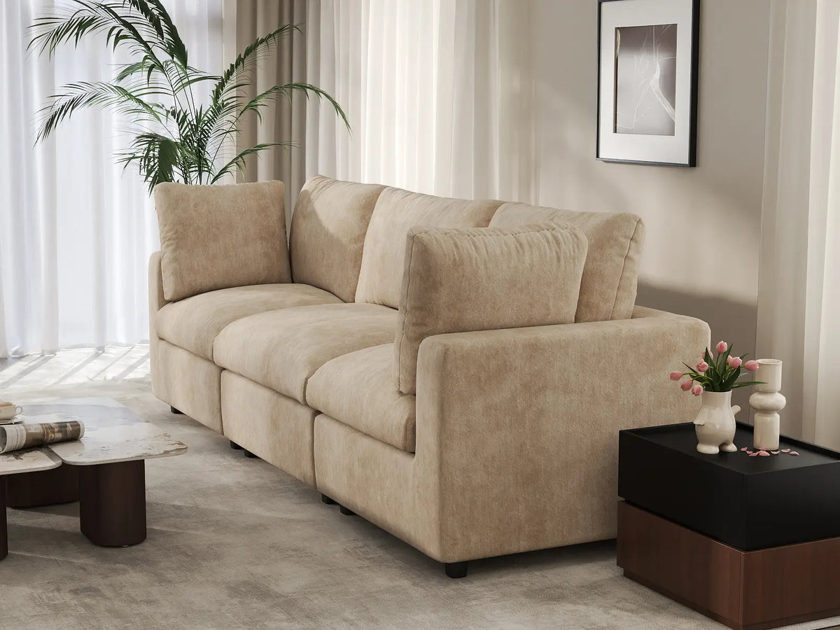 Deluxe Cloud 3-Seater Khaki Small Space Couch Sectional | 3-Piece, Linen-Blend Chenille Fabric, Easy To Clean