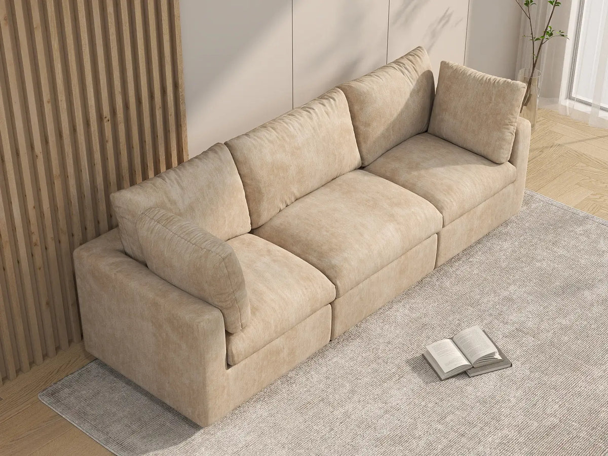 Deluxe Cloud 3-Seater Khaki Small Space Couch Sectional | 3-Piece, Linen-Blend Chenille Fabric, Easy To Clean