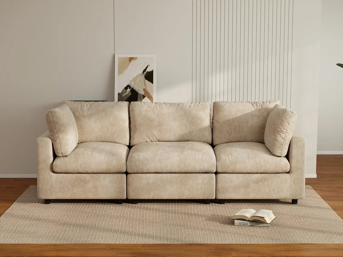 Deluxe Cloud 3-Seater Khaki Small Space Couch Sectional | 3-Piece, Linen-Blend Chenille Fabric, Easy To Clean
