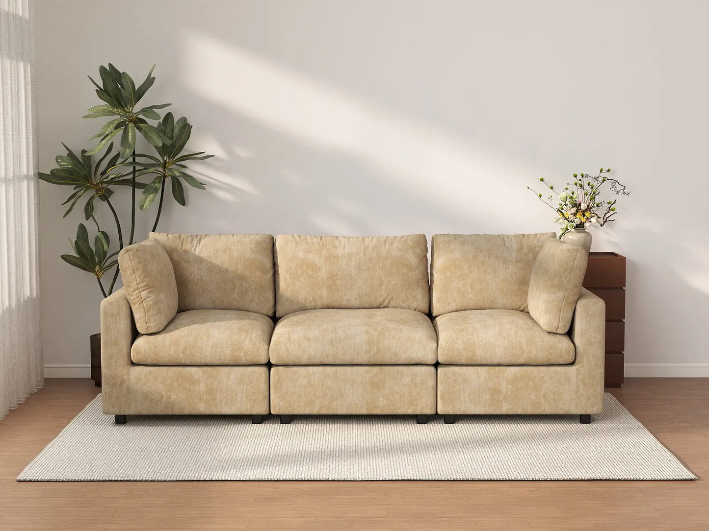 Seccional Sofá Cama de Lujo 3 Plazas Color Caqui Nube para Espacios Pequeños | 3 Piezas, Tela de Chenilla Mezcla de Lino, Fácil de Limpiar
