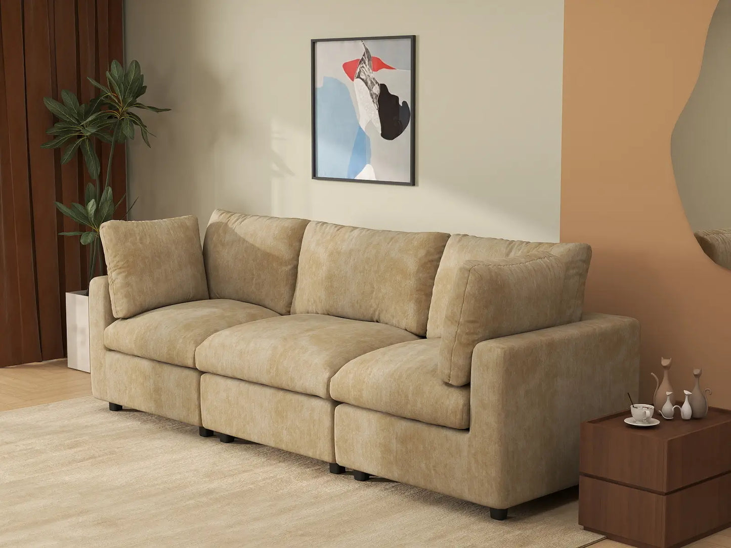 Fundas para Sofá Seccional Lounge Cloud | Funda de Sofá de Chenilla de Mezcla de Lino Caqui para 3 Plazas