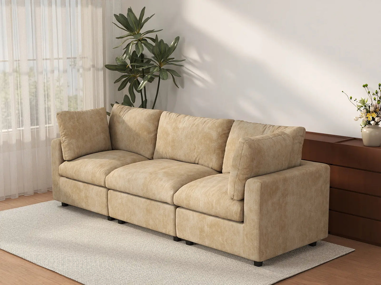 Seccional Sofá Cama de Lujo 3 Plazas Color Caqui Nube para Espacios Pequeños | 3 Piezas, Tela de Chenilla Mezcla de Lino, Fácil de Limpiar