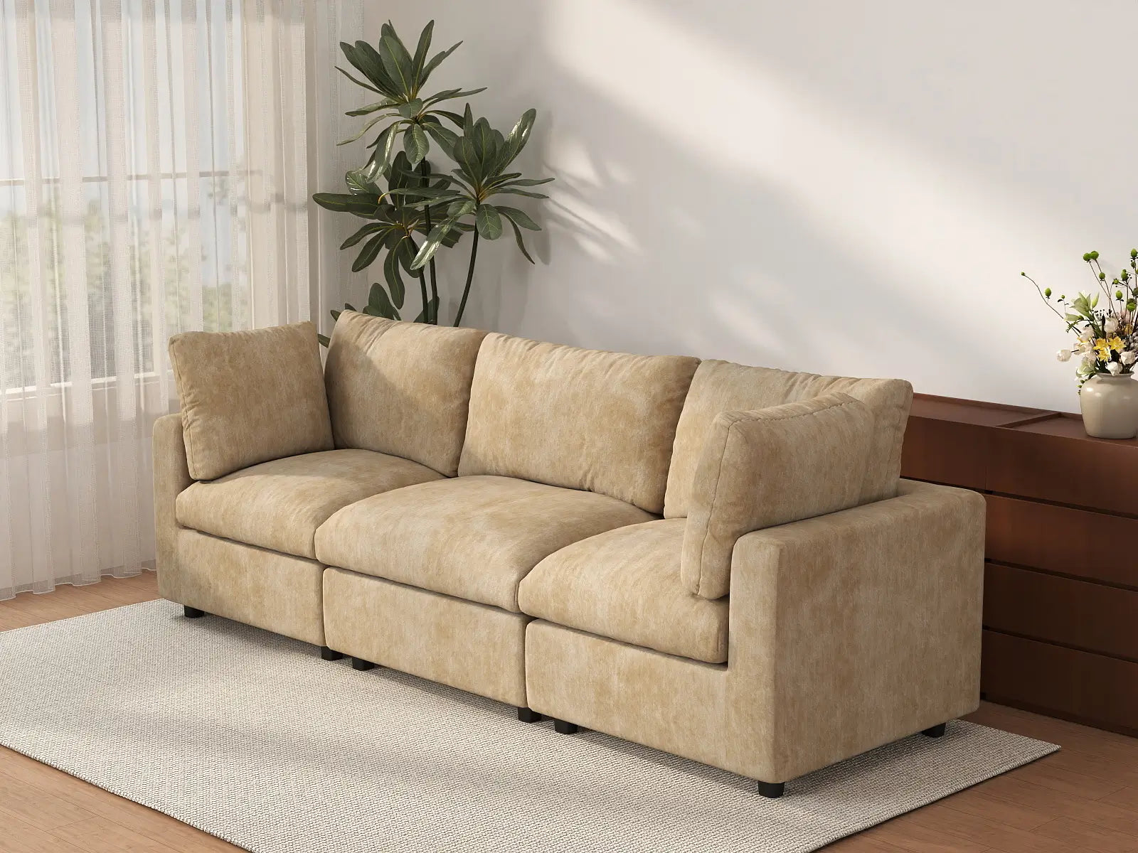Seccional Sofá Cama de Lujo 3 Plazas Color Caqui Nube para Espacios Pequeños | 3 Piezas, Tela de Chenilla Mezcla de Lino, Fácil de Limpiar